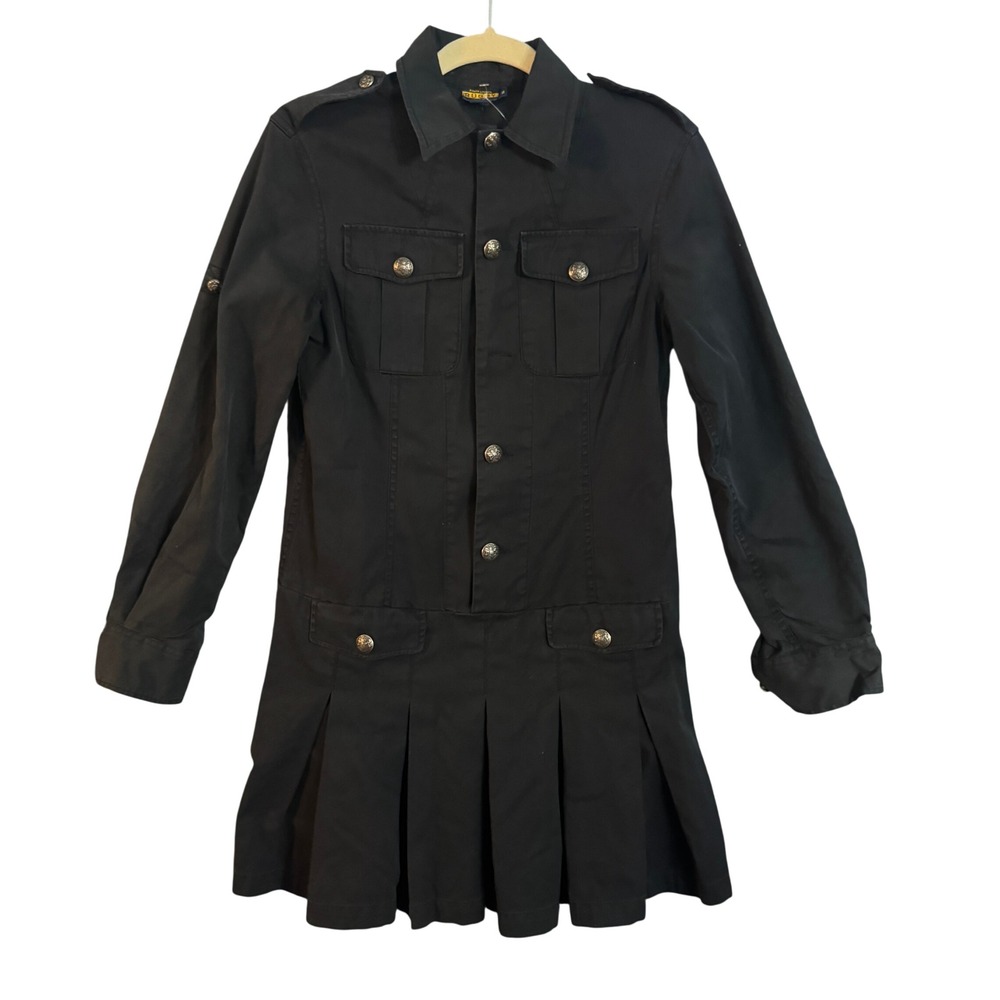 Ralph Lauren Rugby Black Military Pleated Shirt Dress Silver Crest Buttons 2